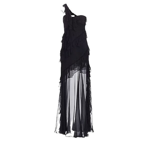 AMUR Harlow Silk One-Shoulder Ruffle Sheer Maxi Dress Black 2 - Picture 3 of 16